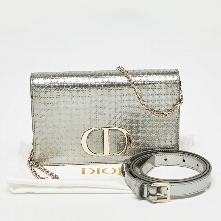Pre Owned Dior Silver Micro Cannage Patent Leather 2in1 30 Montaigne Pouch Bag