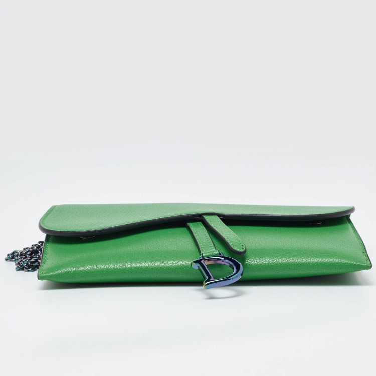 Pre Owned Dior Green Leather Saddle Wallet on Chain