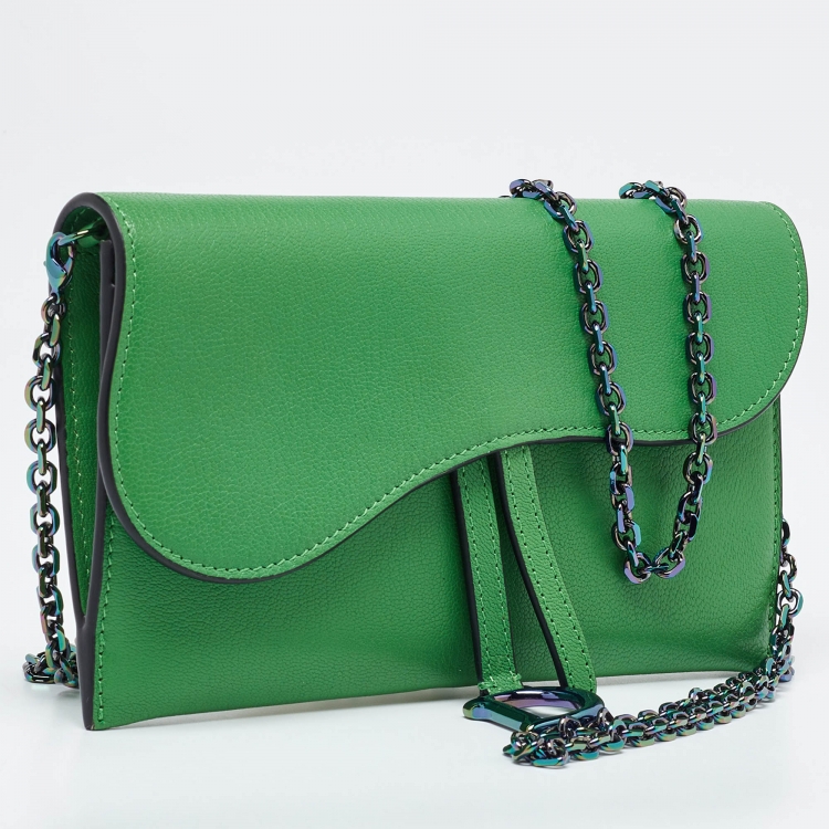 Pre Owned Dior Green Leather Saddle Wallet on Chain