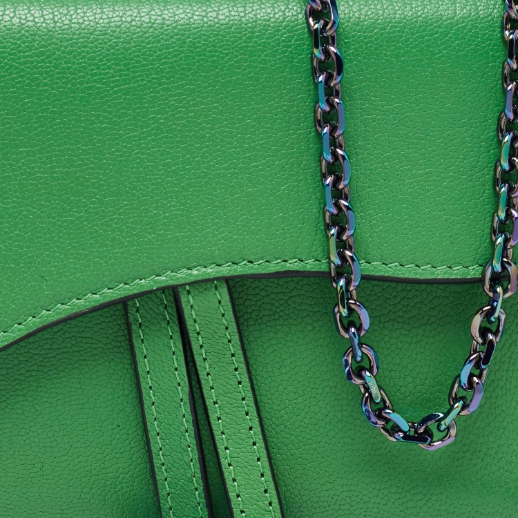 Pre Owned Dior Green Leather Saddle Wallet on Chain