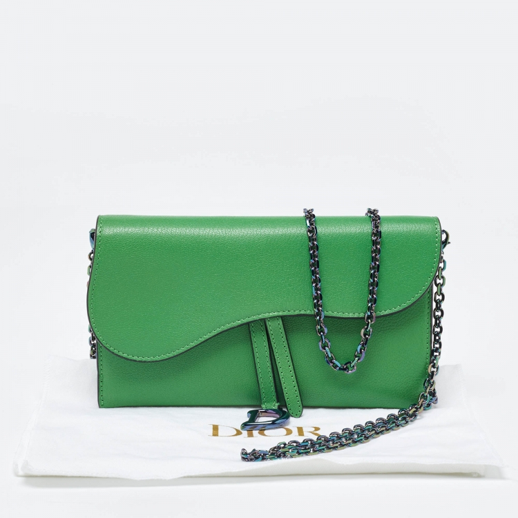Pre Owned Dior Green Leather Saddle Wallet on Chain