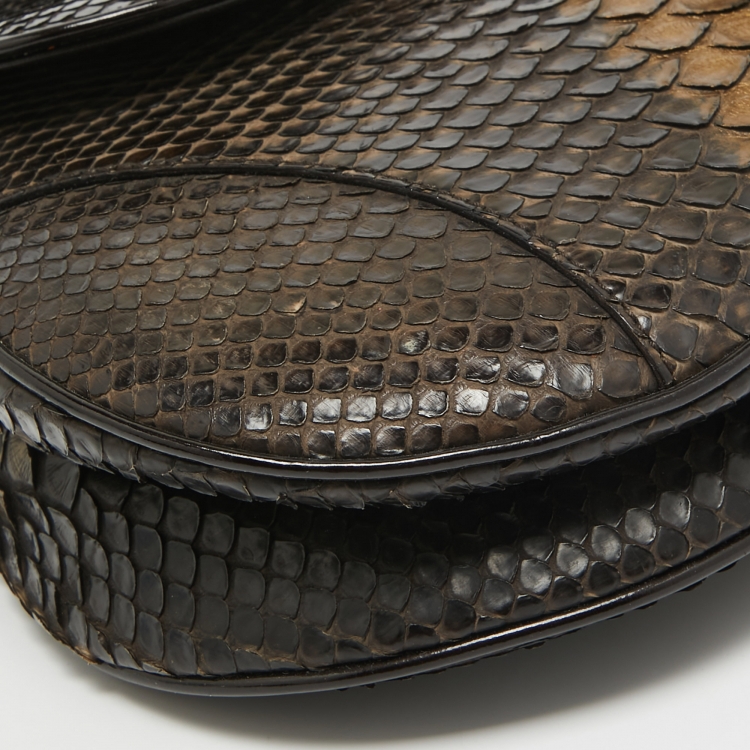 Pre Owned Dior Dark Brown/Gold Python and Patent Leather Saddle Bag