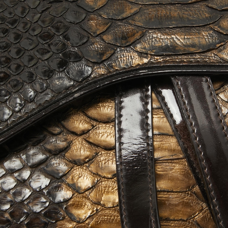 Pre Owned Dior Dark Brown/Gold Python and Patent Leather Saddle Bag