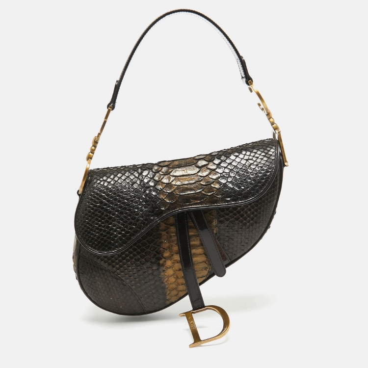 Pre Owned Dior Dark Brown/Gold Python and Patent Leather Saddle Bag