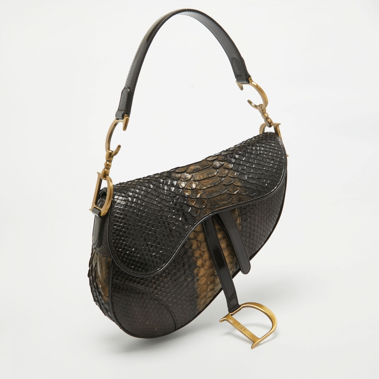 Pre Owned Dior Dark Brown/Gold Python and Patent Leather Saddle Bag