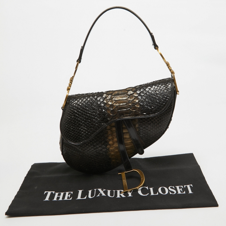 Pre Owned Dior Dark Brown/Gold Python and Patent Leather Saddle Bag