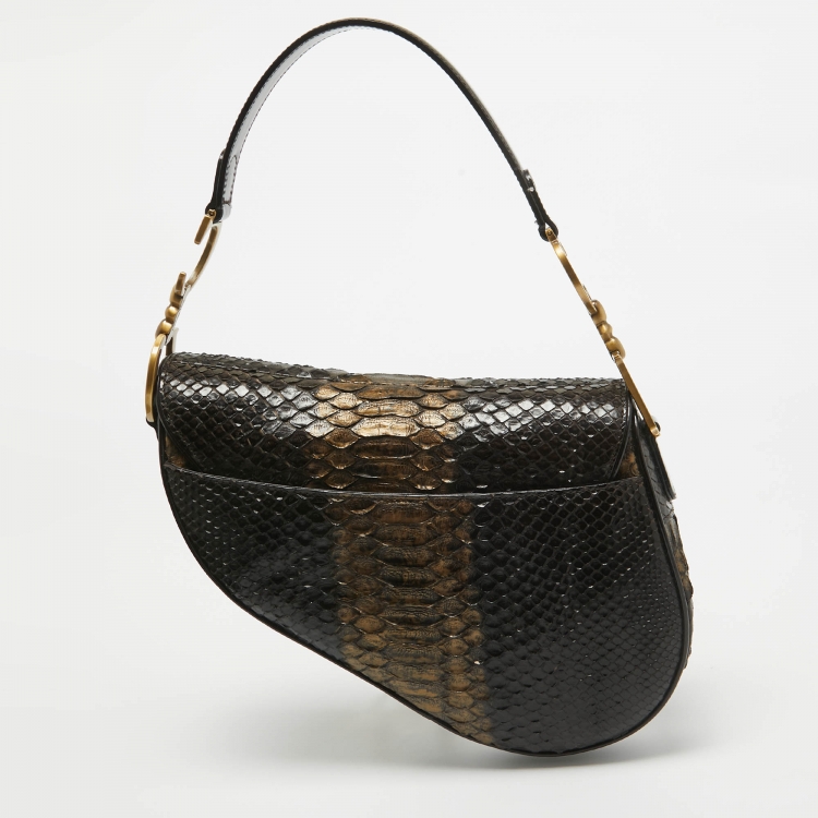 Pre Owned Dior Dark Brown/Gold Python and Patent Leather Saddle Bag