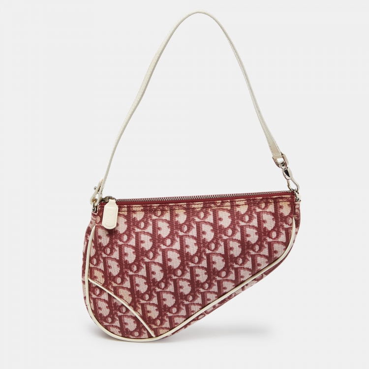 Pre Owned Dior Red/White Oblique Coated Canvas and Patent Leather Saddle Pochette 