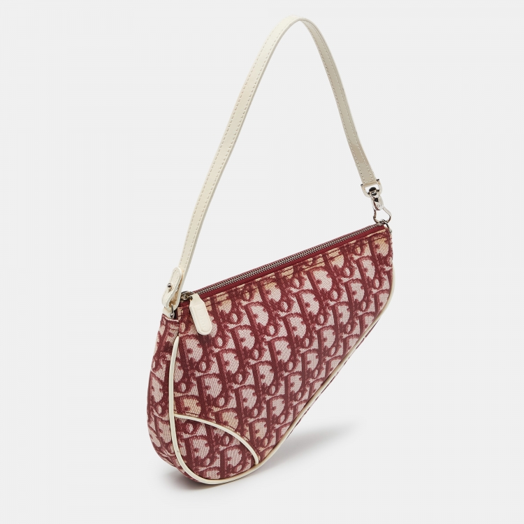 Pre Owned Dior Red/White Oblique Coated Canvas and Patent Leather Saddle Pochette 