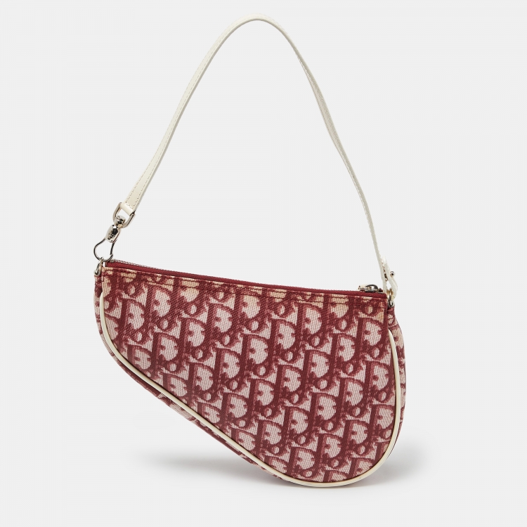 Pre Owned Dior Red/White Oblique Coated Canvas and Patent Leather Saddle Pochette 