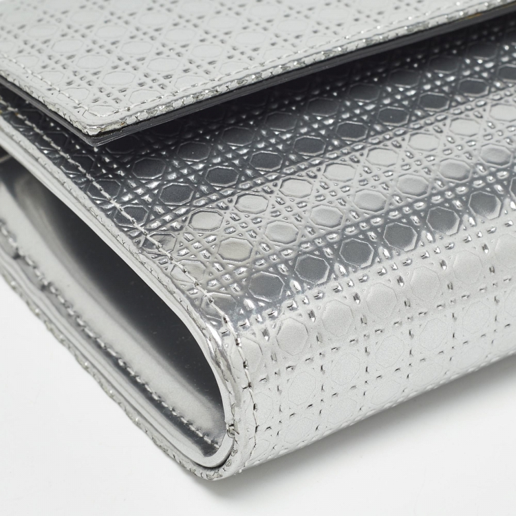 Pre Owned Dior Silver Microcannage Patent Leather Lady Dior Croisiere Wallet on Chain