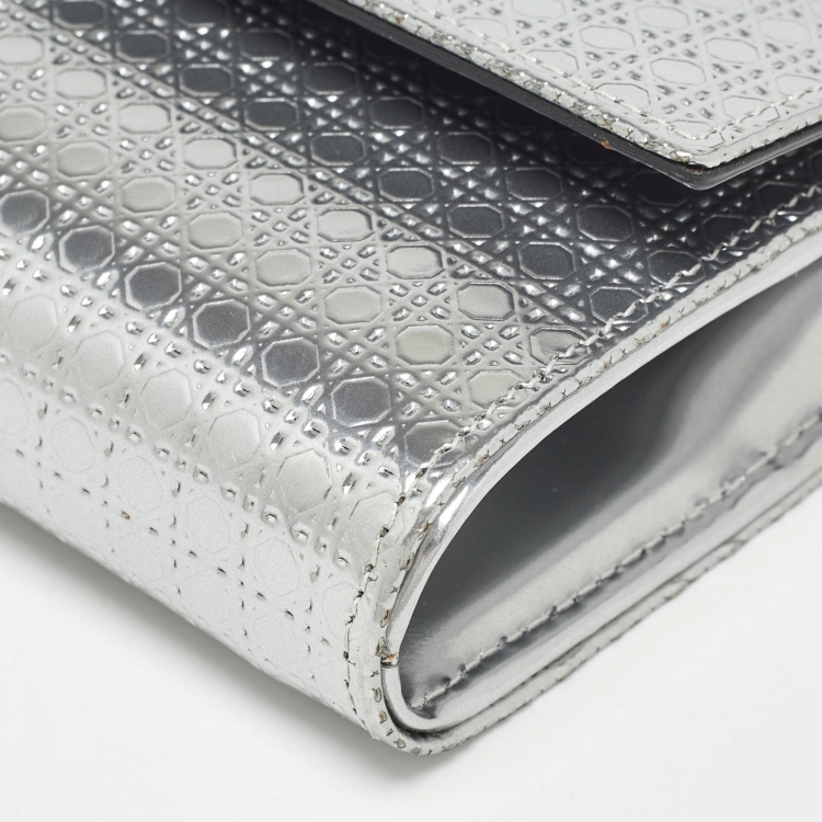 Pre Owned Dior Silver Microcannage Patent Leather Lady Dior Croisiere Wallet on Chain