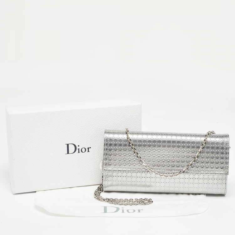 Pre Owned Dior Silver Microcannage Patent Leather Lady Dior Croisiere Wallet on Chain
