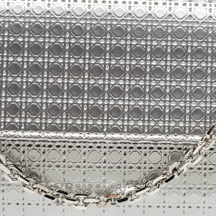 Pre Owned Dior Silver Microcannage Patent Leather Lady Dior Croisiere Wallet on Chain