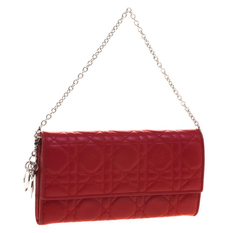 Pre Owned Dior Red Cannage Leather Wallet on Chain