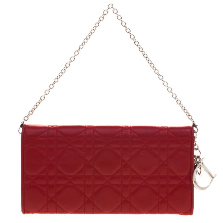 Pre Owned Dior Red Cannage Leather Wallet on Chain