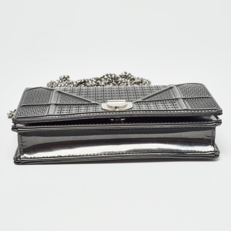 Pre Owned Dior Dark Grey Micro Cannage Patent Leather Diorama Wallet on Chain