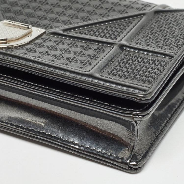 Pre Owned Dior Dark Grey Micro Cannage Patent Leather Diorama Wallet on Chain