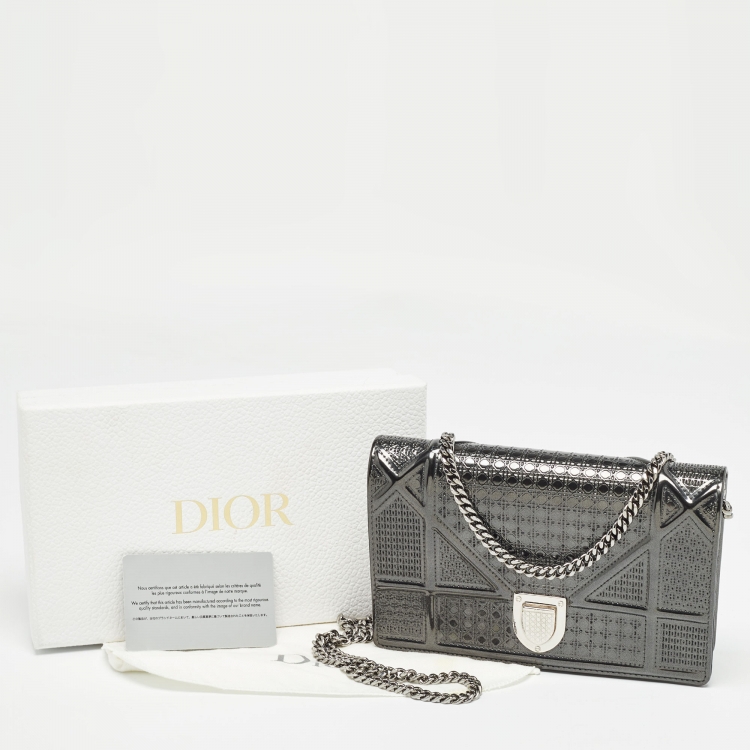 Pre Owned Dior Dark Grey Micro Cannage Patent Leather Diorama Wallet on Chain