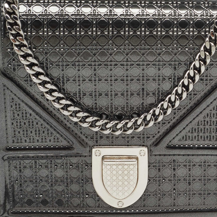 Pre Owned Dior Dark Grey Micro Cannage Patent Leather Diorama Wallet on Chain