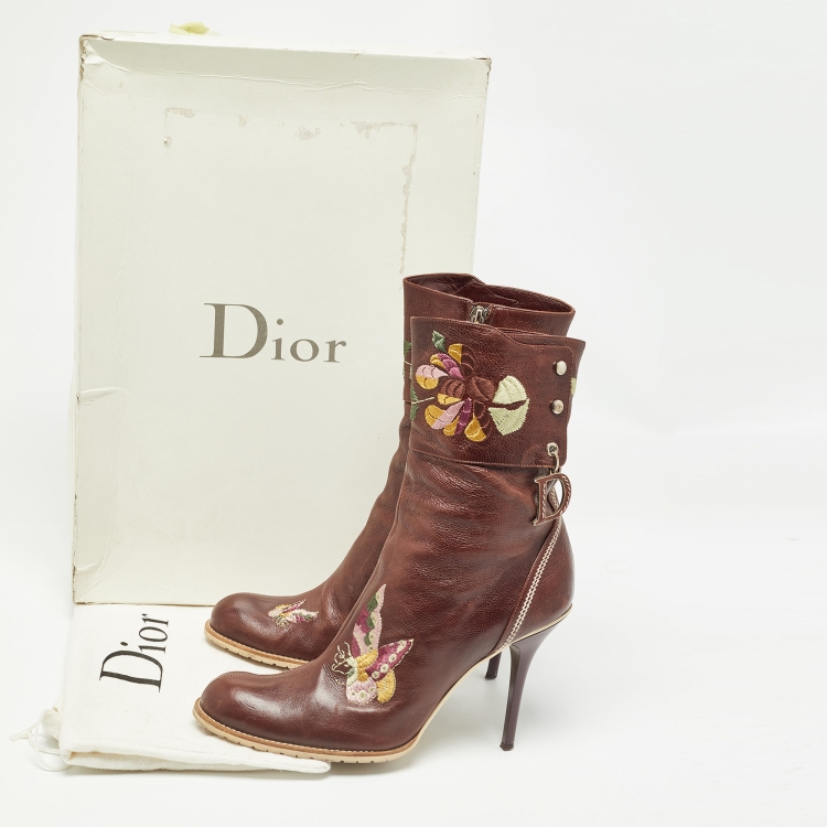 Pre Owned Dior Brown Leather Flower Print Ankle Boots Size 40.5