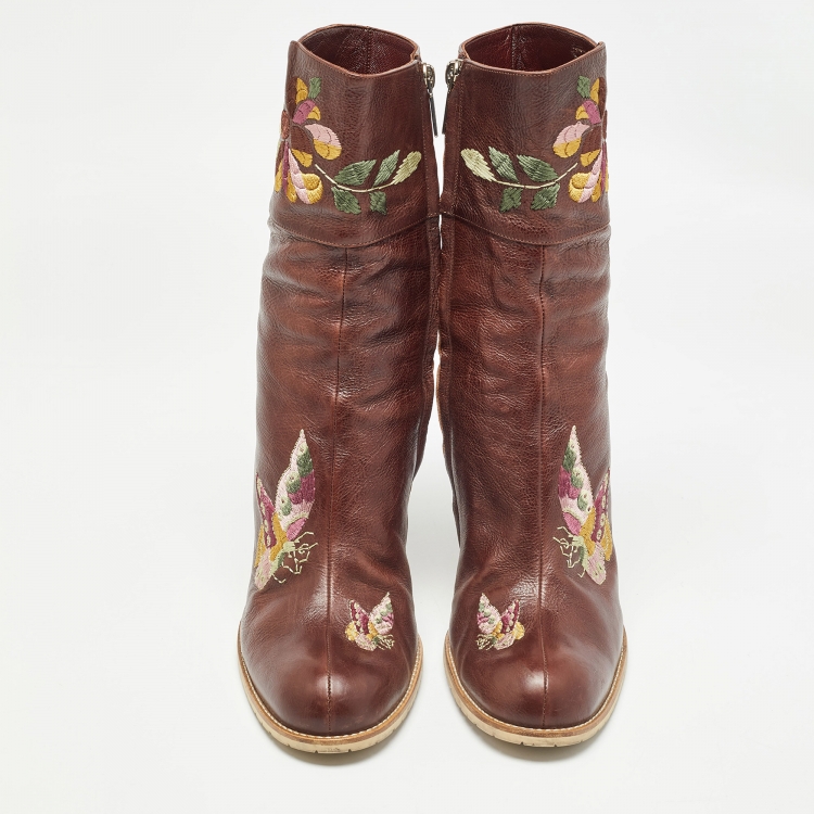Pre Owned Dior Brown Leather Flower Print Ankle Boots Size 40.5
