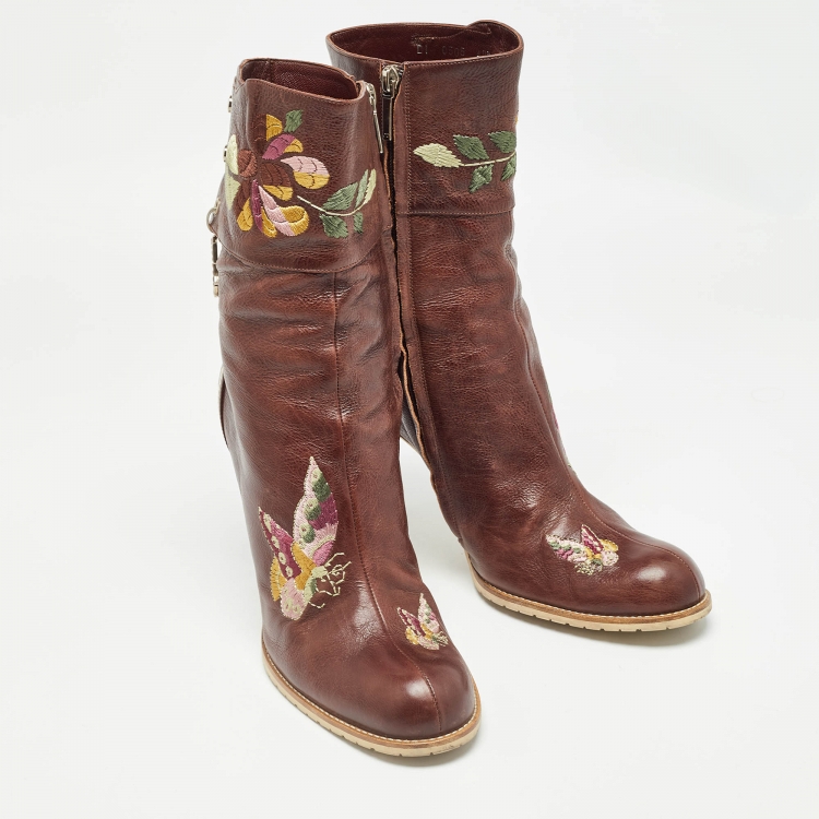 Pre Owned Dior Brown Leather Flower Print Ankle Boots Size 40.5