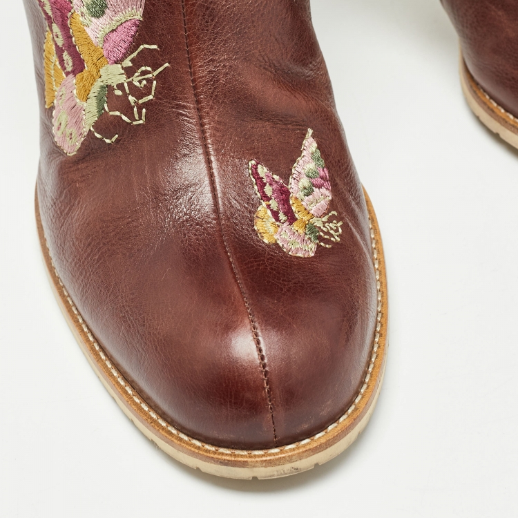 Pre Owned Dior Brown Leather Flower Print Ankle Boots Size 40.5