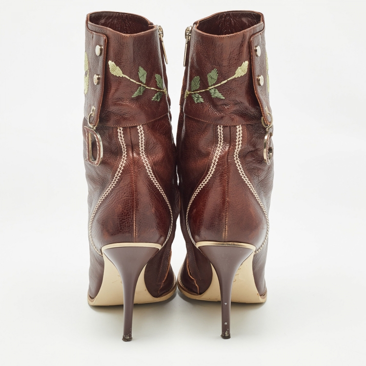 Pre Owned Dior Brown Leather Flower Print Ankle Boots Size 40.5