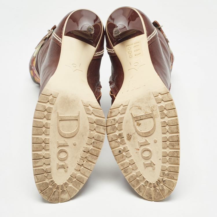Pre Owned Dior Brown Leather Flower Print Ankle Boots Size 40.5