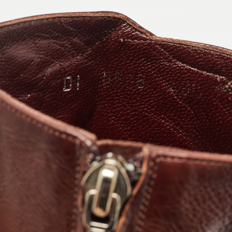 Pre Owned Dior Brown Leather Flower Print Ankle Boots Size 40.5