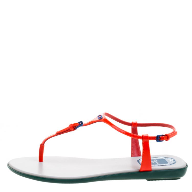 Pre Owned Dior Floresent Orange Patent Leather Lagoon Flat Thong Sandals Size 38