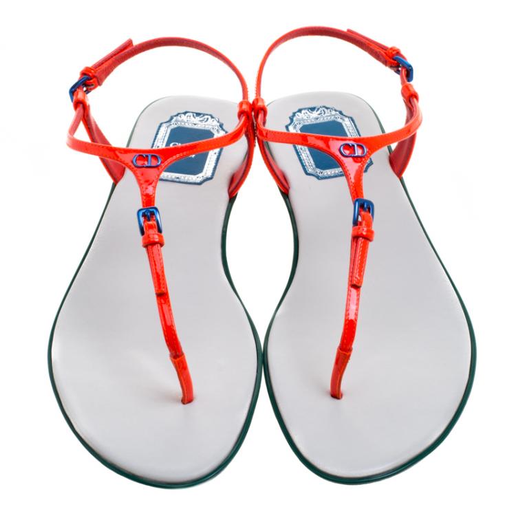 Pre Owned Dior Floresent Orange Patent Leather Lagoon Flat Thong Sandals Size 38