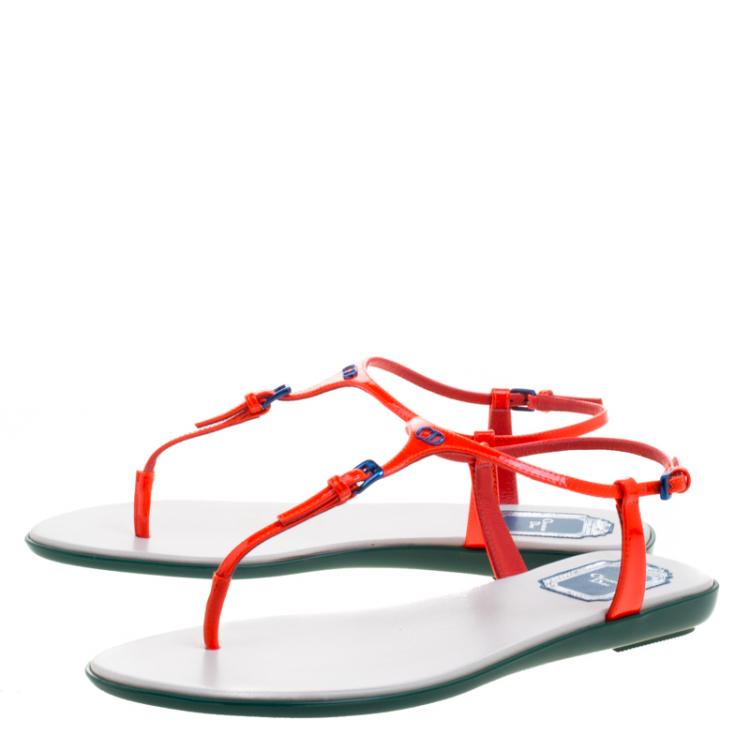 Pre Owned Dior Floresent Orange Patent Leather Lagoon Flat Thong Sandals Size 38