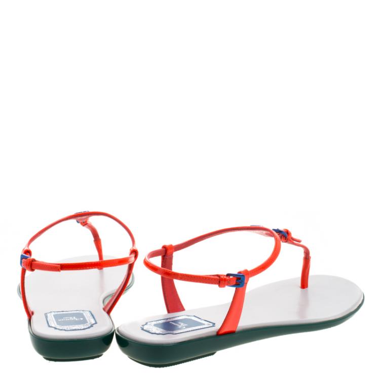 Pre Owned Dior Floresent Orange Patent Leather Lagoon Flat Thong Sandals Size 38