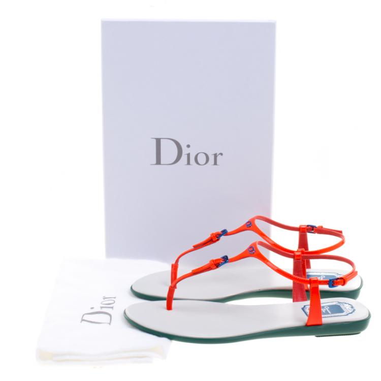 Pre Owned Dior Floresent Orange Patent Leather Lagoon Flat Thong Sandals Size 38