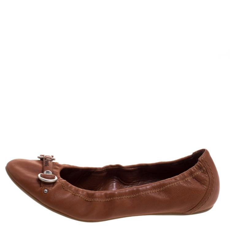 Pre Owned Dior Tan Brown Leather Scrunch Ballet Flats Size 37.5