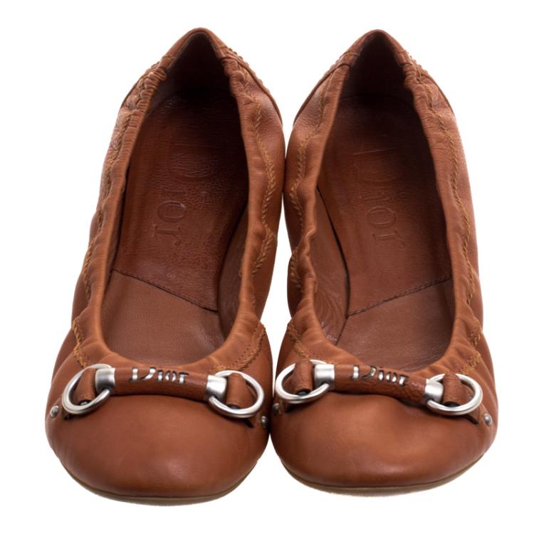 Pre Owned Dior Tan Brown Leather Scrunch Ballet Flats Size 37.5