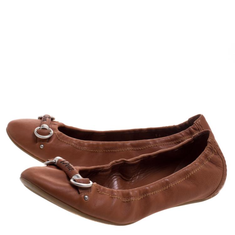 Pre Owned Dior Tan Brown Leather Scrunch Ballet Flats Size 37.5