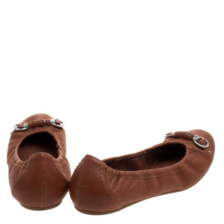 Pre Owned Dior Tan Brown Leather Scrunch Ballet Flats Size 37.5