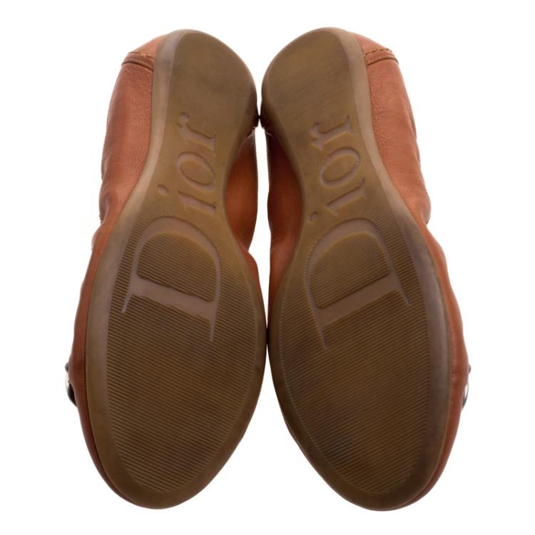 Pre Owned Dior Tan Brown Leather Scrunch Ballet Flats Size 37.5