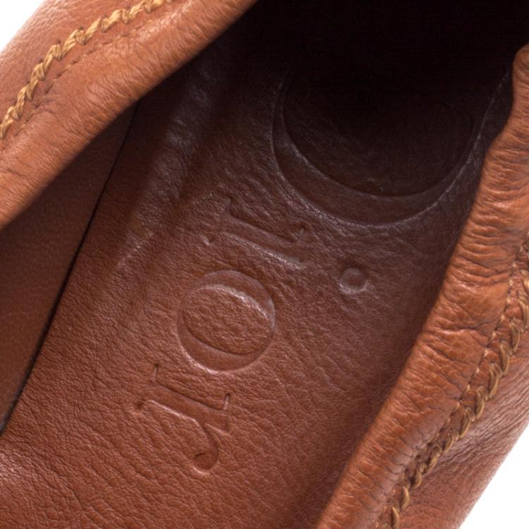 Pre Owned Dior Tan Brown Leather Scrunch Ballet Flats Size 37.5