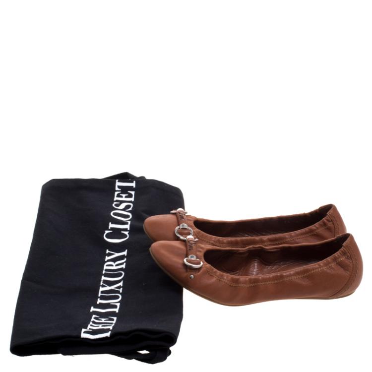 Pre Owned Dior Tan Brown Leather Scrunch Ballet Flats Size 37.5
