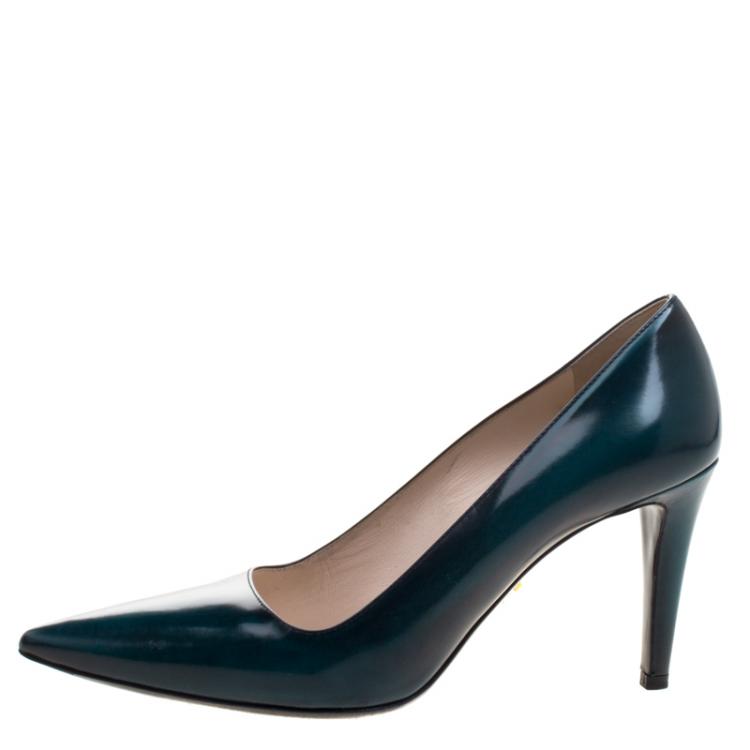 Pre Owned Prada Cobalt Green Leather Pointed Toe Pumps Size 38.5