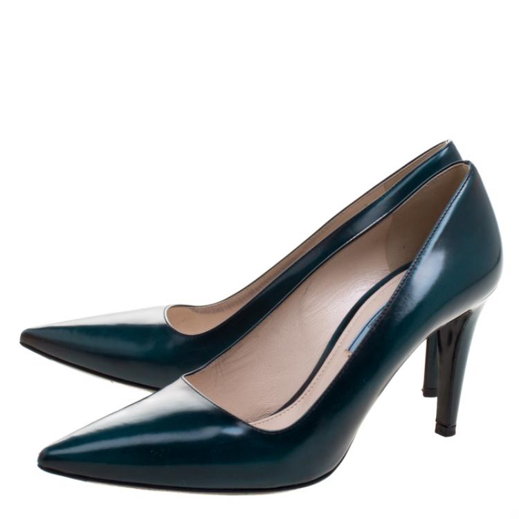 Pre Owned Prada Cobalt Green Leather Pointed Toe Pumps Size 38.5