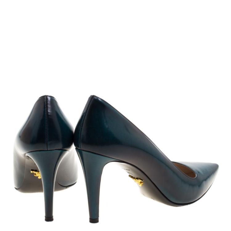 Pre Owned Prada Cobalt Green Leather Pointed Toe Pumps Size 38.5
