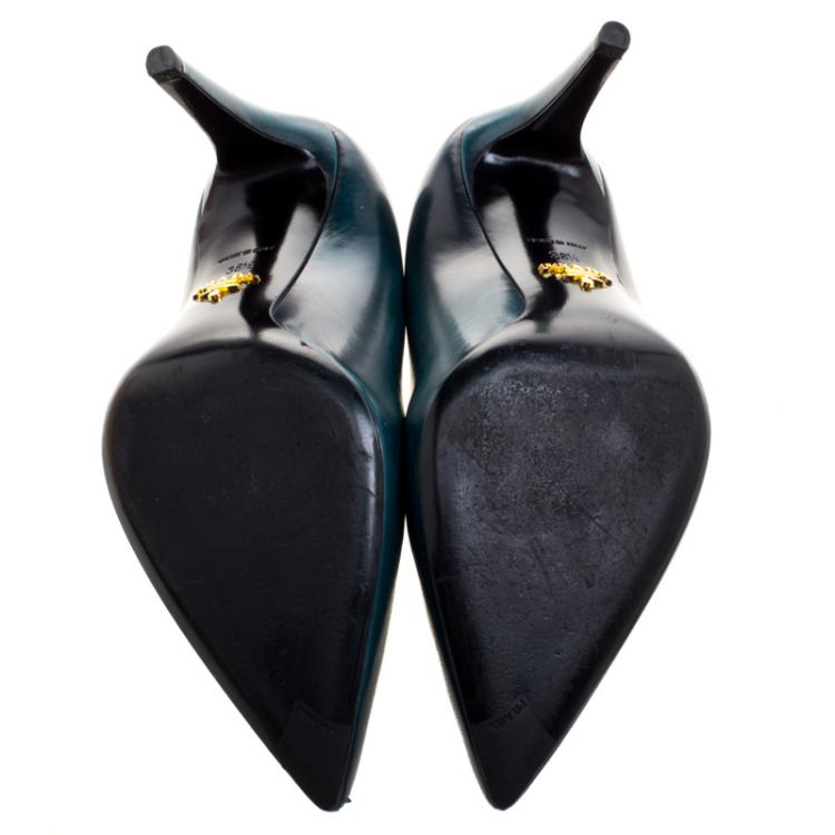 Pre Owned Prada Cobalt Green Leather Pointed Toe Pumps Size 38.5