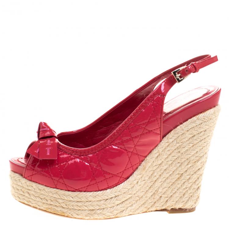Pre Owned Dior Coral Red Patent Cannage Leather Espadrille Wedge Sandals Size 38.5
