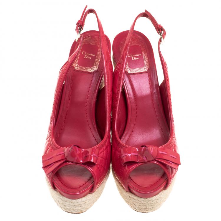Pre Owned Dior Coral Red Patent Cannage Leather Espadrille Wedge Sandals Size 38.5