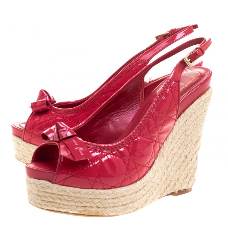 Pre Owned Dior Coral Red Patent Cannage Leather Espadrille Wedge Sandals Size 38.5